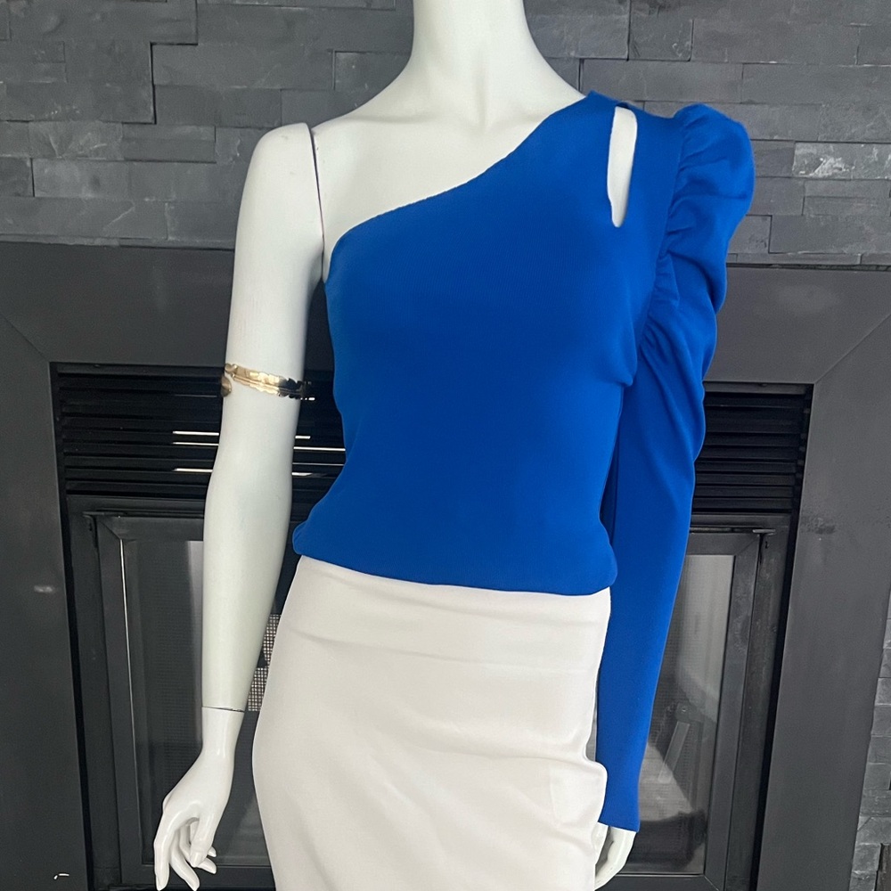 Royal Blue One-Shoulder Puff Sleeve Top Asymmetric Ribbed Knit Trendy Blouse